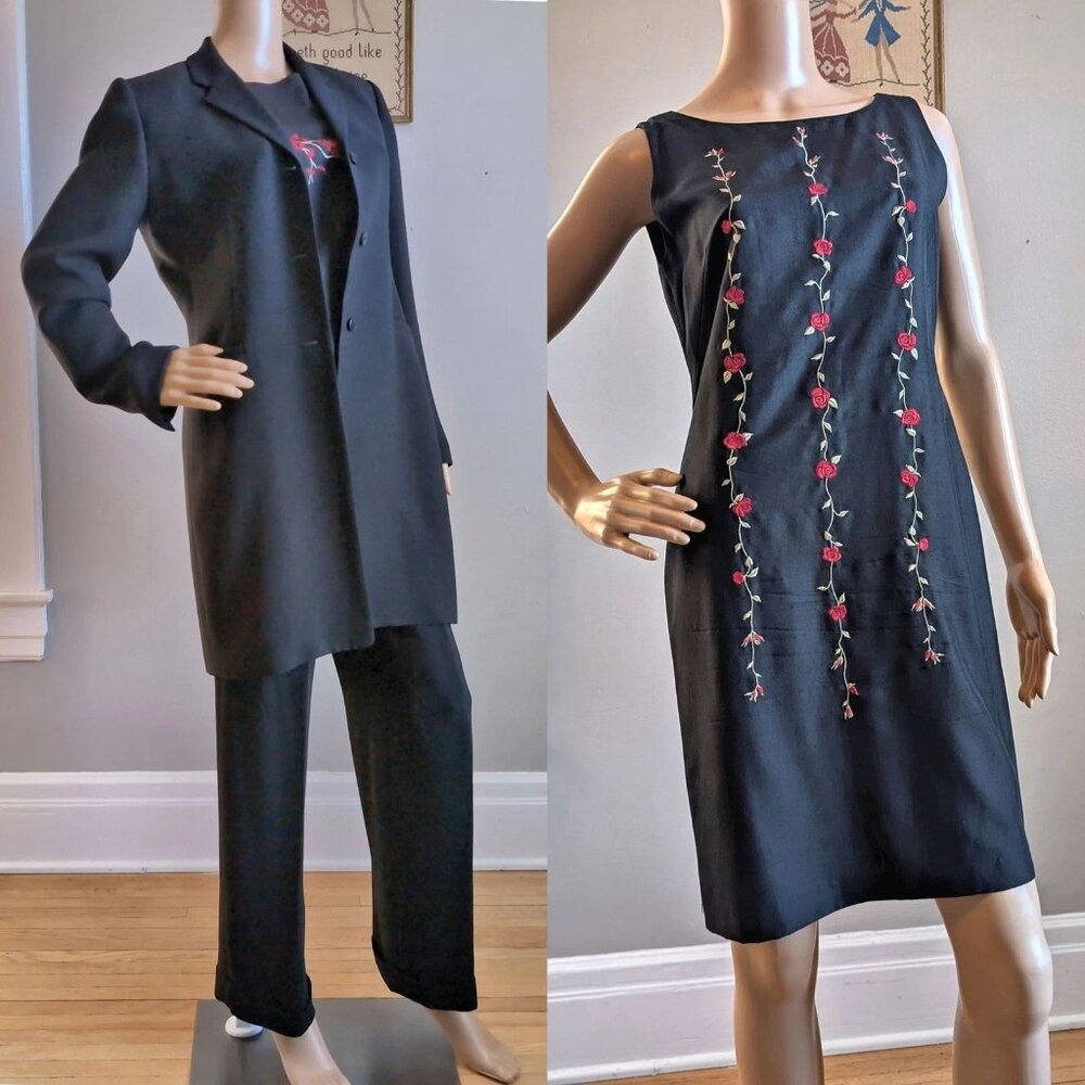 Vintage 90s Y2K Casual Corner Suit Set Rose Embroidered Office Siren Corpcore